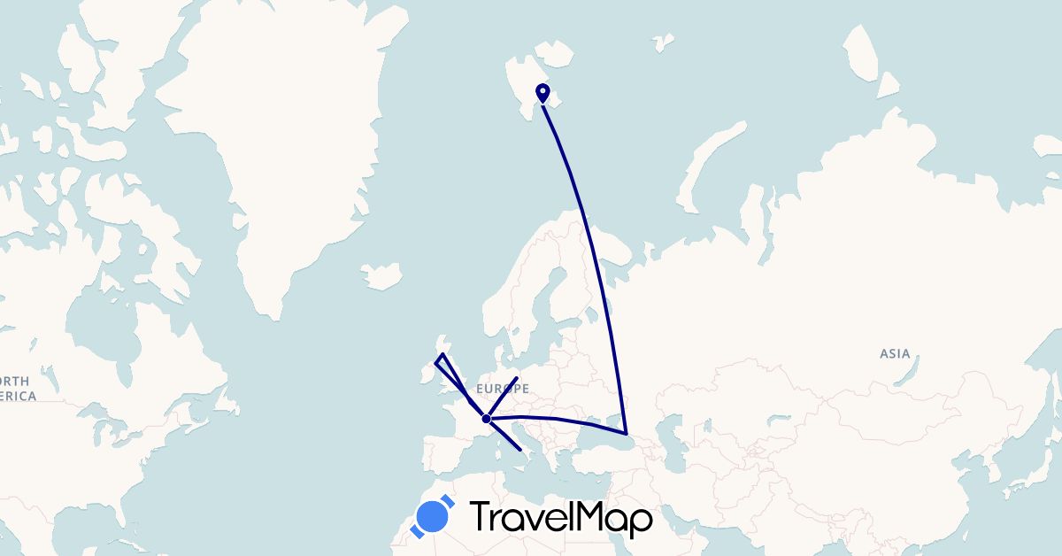 TravelMap itinerary: driving in Switzerland, Germany, France, United Kingdom, Italy, Norway, Russia (Europe)